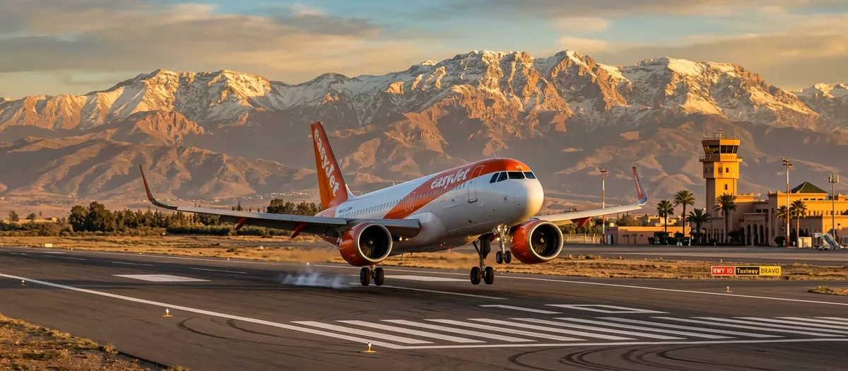 EasyJet aircraft at Marrakech Menara Airport with Atlas Mountains in the background