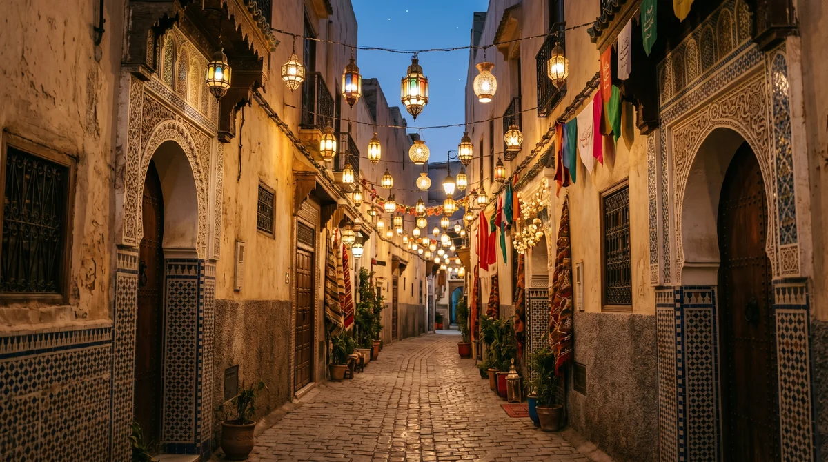 Traditional Moroccan street decoration during Eid al-Adha — lanterns and architectural details in a medina alley at dusk