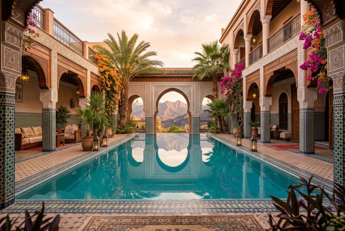 Luxurious Moroccan riad courtyard with infinity pool and Atlas Mountains backdrop