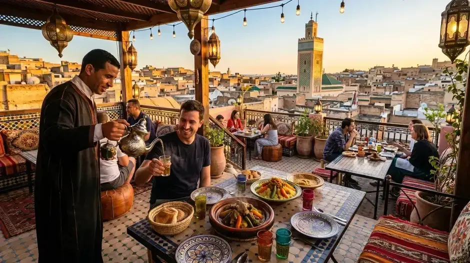 Moroccan restaurant rooftop tagine lanterns city view