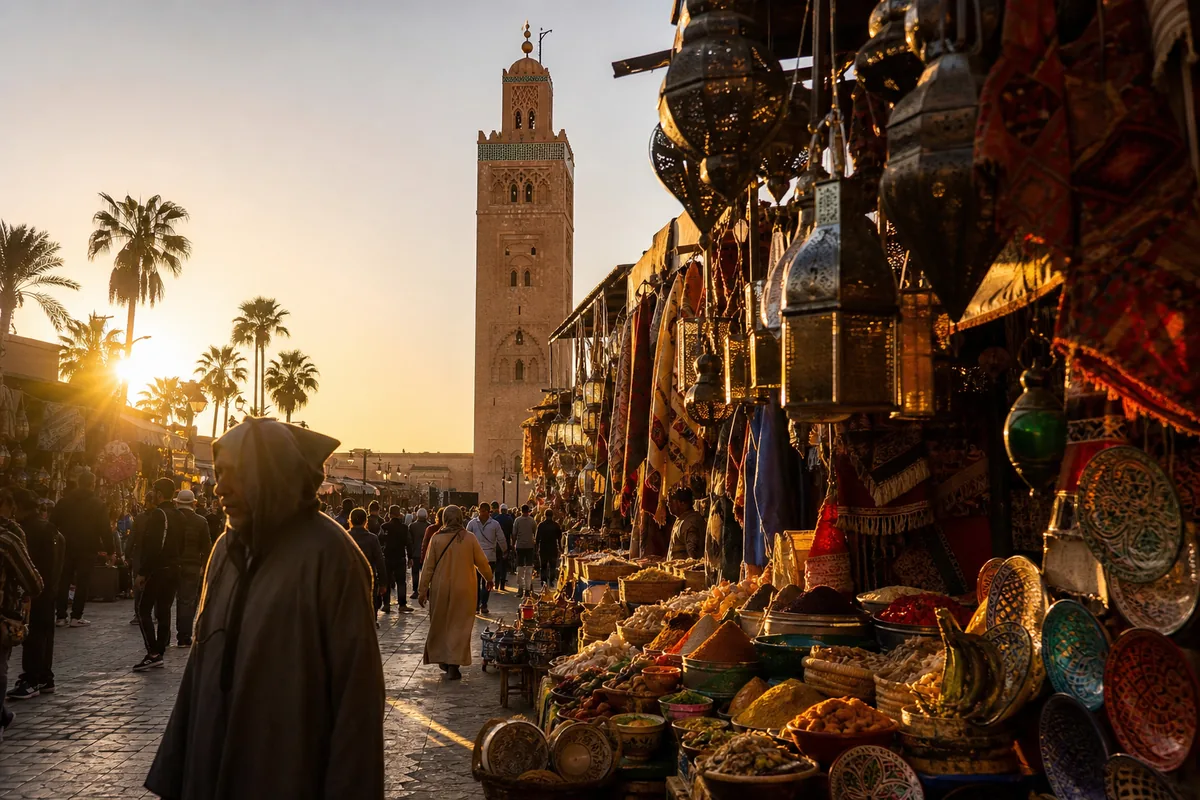 View of Marrakech medina rooftops at sunset with Koutoubia Mosque minaret rising above the cityscape, golden light bathing the clay buildings