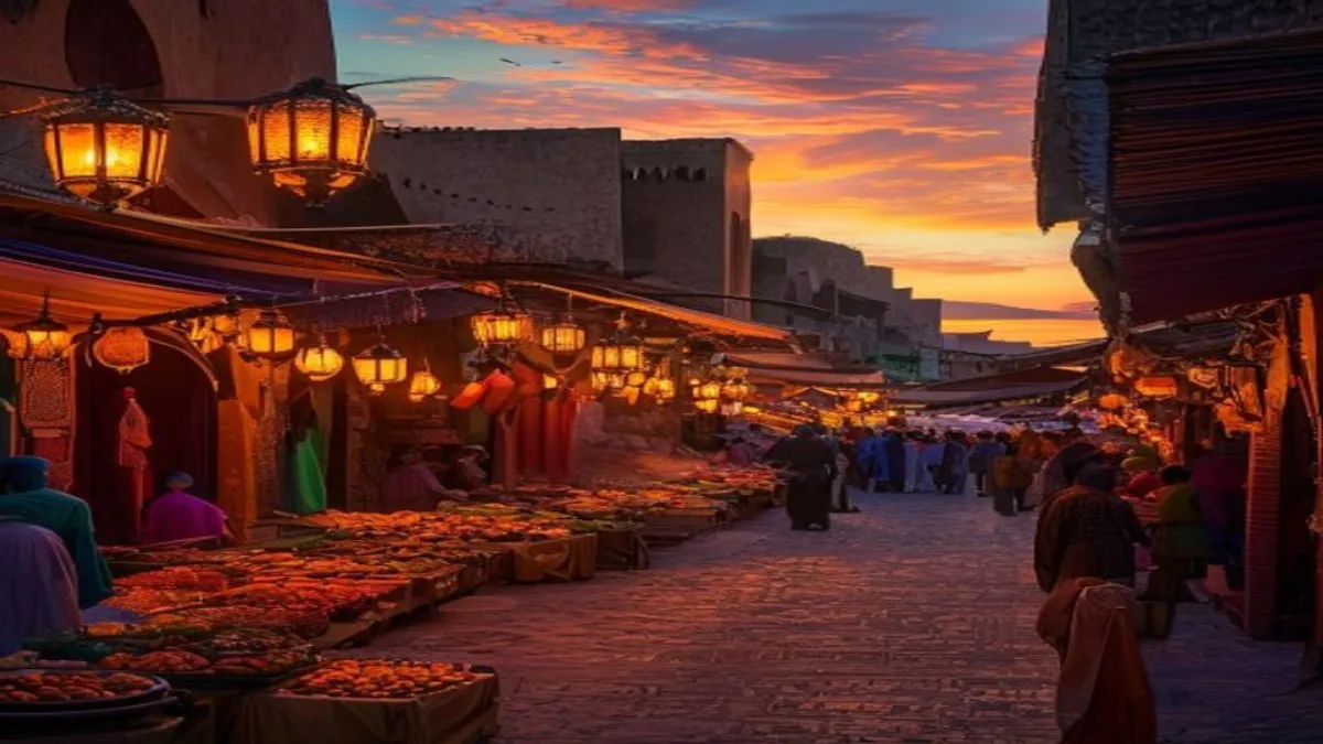 ساحة جامع الفنا في مراكش عند الغروب مع الفنانين والسياح والمطاعم الشعبية