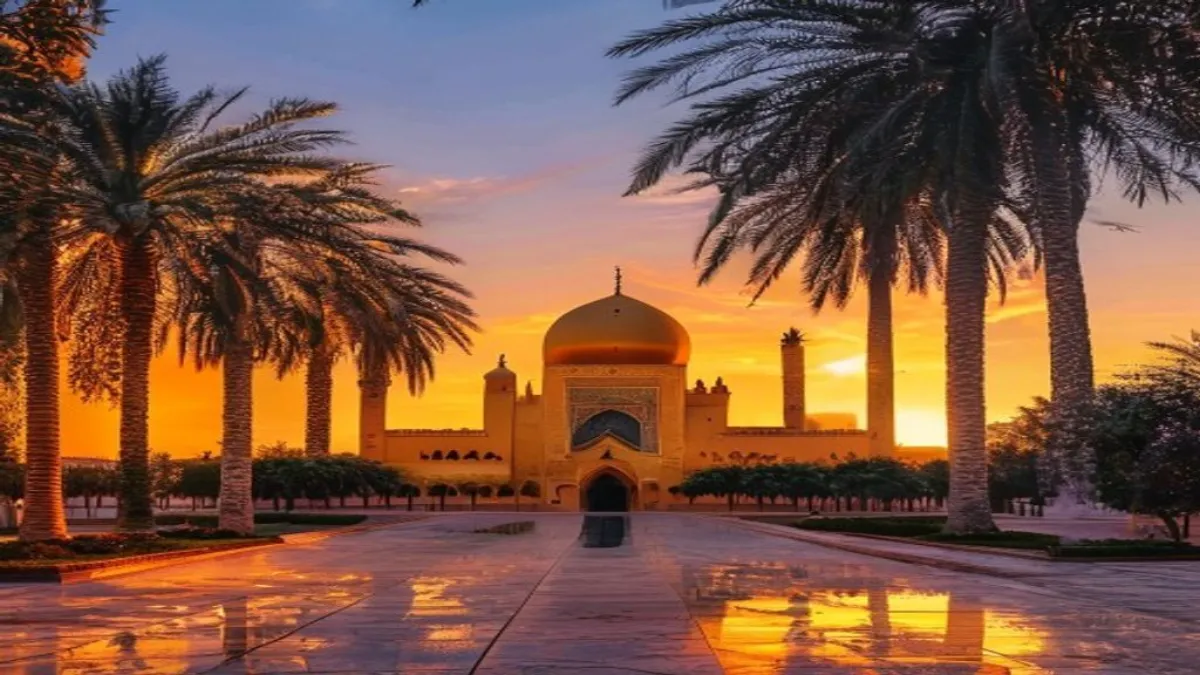 Vista panorámica de la Plaza Jemaa el-Fnaa al atardecer con las montañas del Atlas al fondo