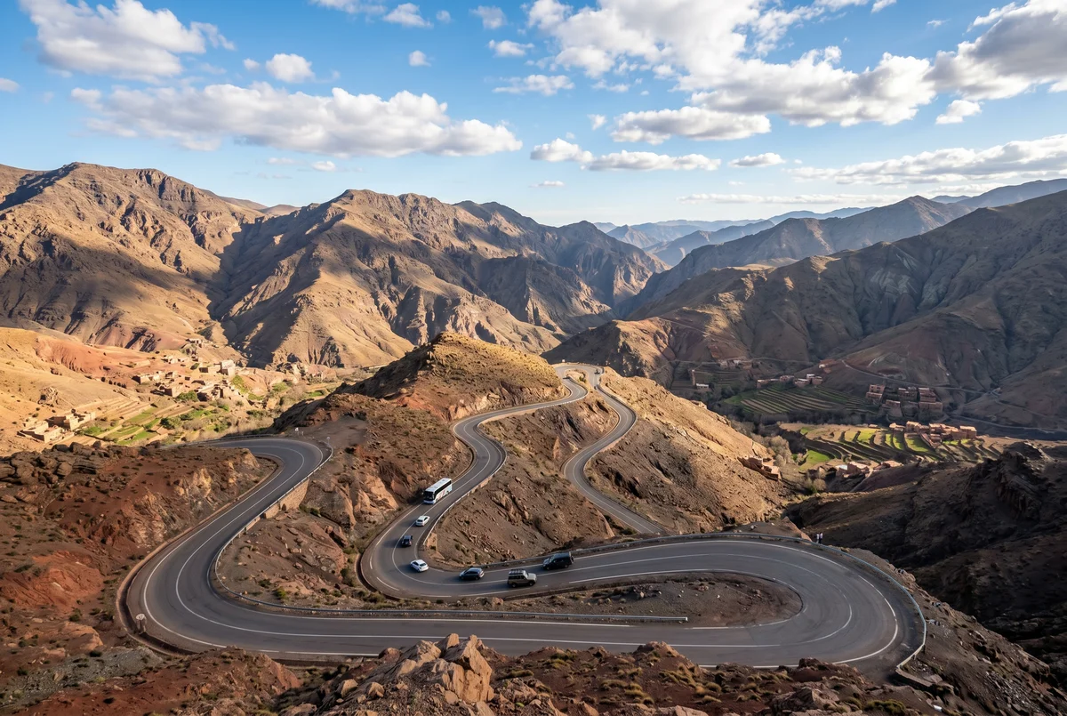 Winding mountain road through the High Atlas Mountains in Morocco with dramatic red-earth landscape and deep valleys
