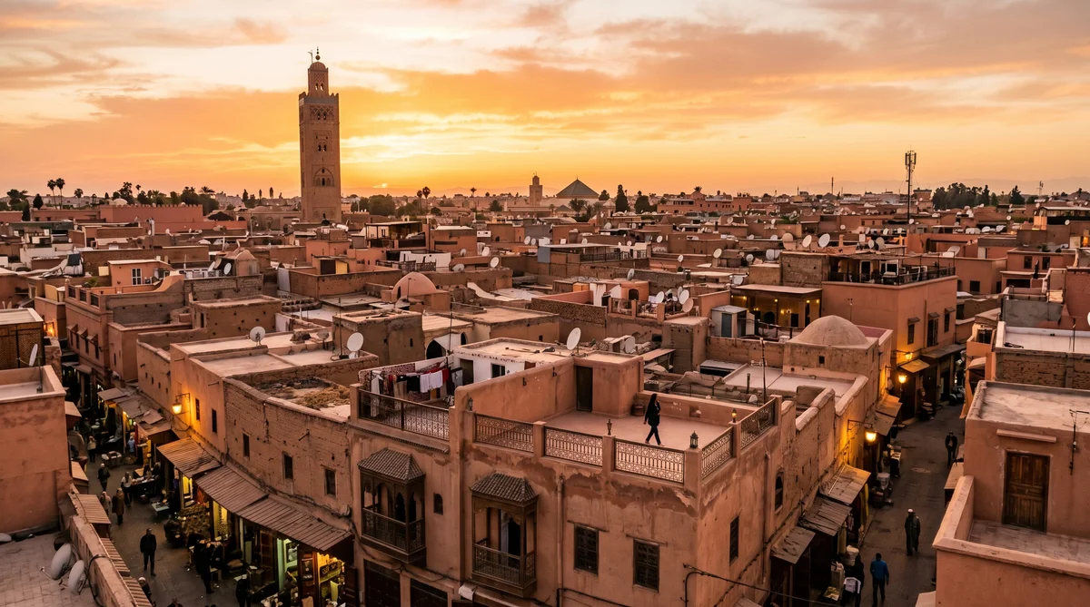 Vista de Marrakech al atardecer con la medina y la silueta de la Koutoubia