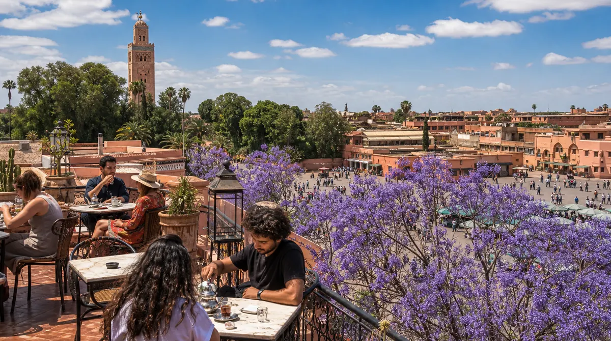Marrakech in spring with blooming bougainvillea over a busy medina street and the Koutoubia Mosque in the background