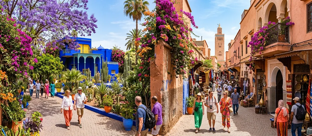 Marrakech in spring with Majorelle Garden blue architecture, blooming bougainvillea, and the Koutoubia Mosque in a vibrant scene