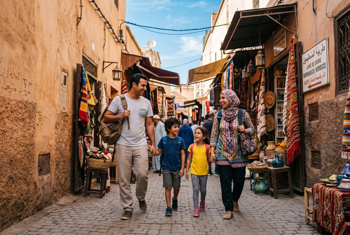 Family planning a 10-day Morocco budget itinerary with a map, train tickets, and backpacks in a Marrakech riad
