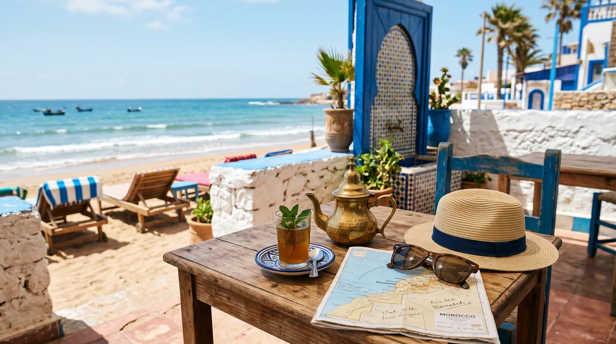 Coastal Moroccan scene in summer — white and blue buildings against an Atlantic horizon with hints of warm inland temperatures beyond