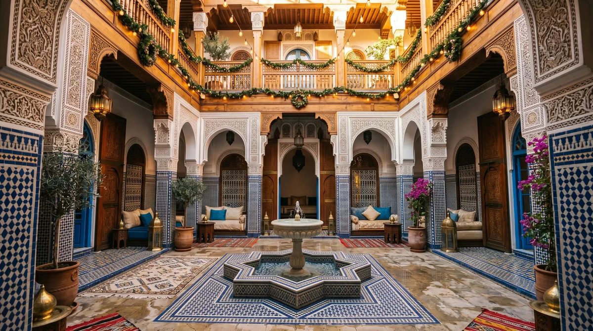 Moroccan riad courtyard with traditional architecture during holiday season — warm afternoon light, mosaic tiles, and peaceful atmosphere