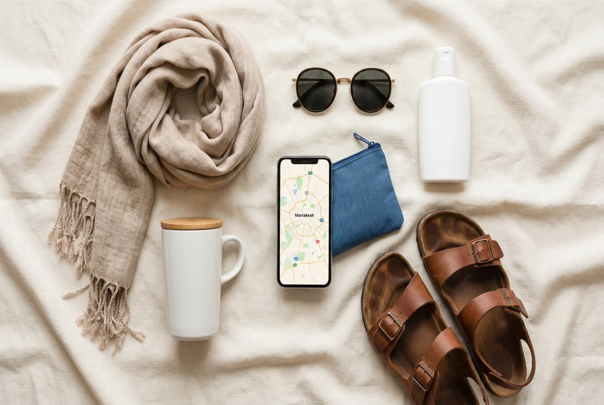 Travel packing essentials for Morocco trip arranged on neutral background