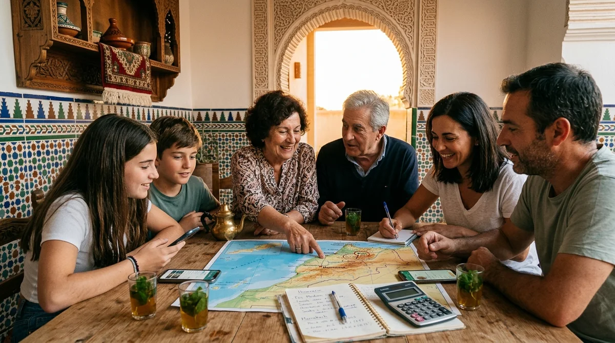 Familia española planificando un viaje a Marruecos con mapa, libreta y té de menta sobre una mesa con fondo de azulejos tradicionales