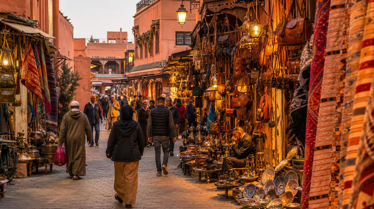 Voyageurs francophones marchant dans la médina animée de Marrakech à la lumière dorée du soir, entre échoppes et arcs en pierre, le minaret de la Koutoubia en arrière-plan