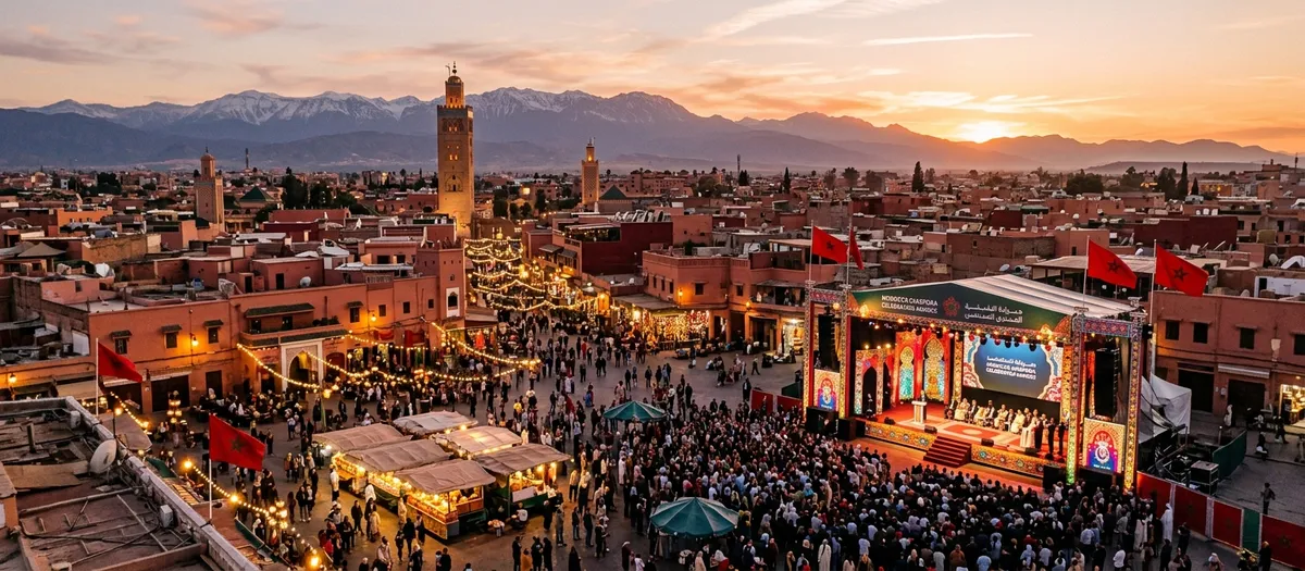Marrakech celebration event for Trophées Marocains du Monde with Koutoubia Mosque and Atlas Mountains at sunset