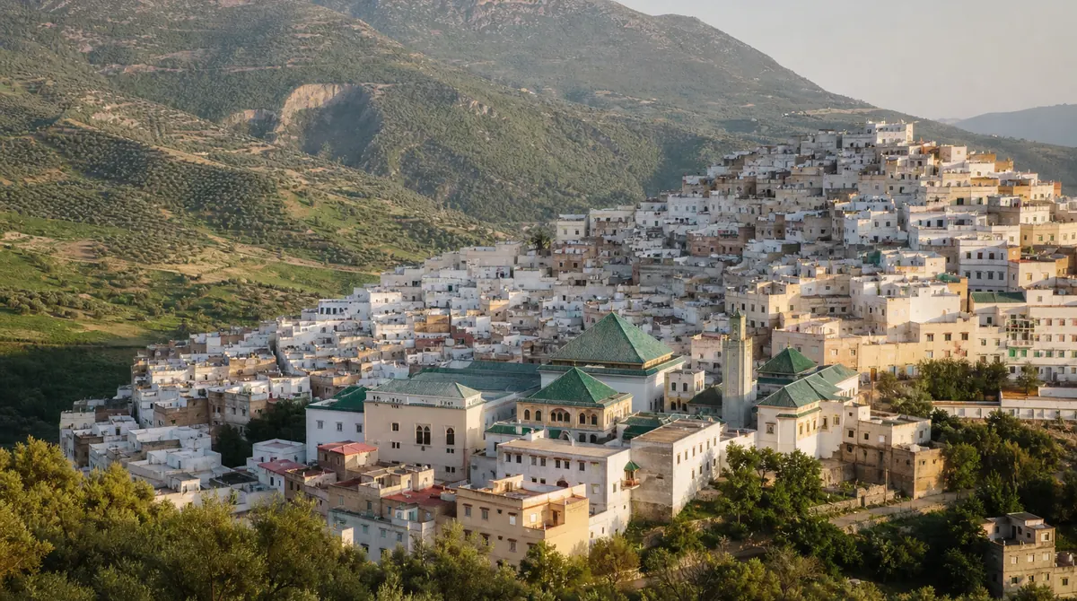The whitewashed hillside town of Moulay Idriss Zerhoun at the base of Mount Zerhoun, with the green Bab Rmila forest and plains stretching toward Meknes