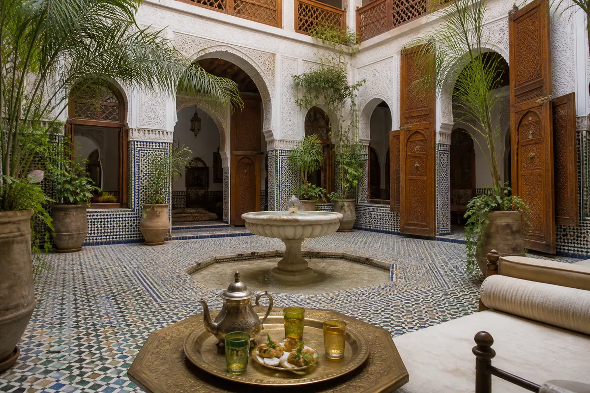 Traditional Moroccan riad courtyard with zellige tiles and fountain in Meknes medina