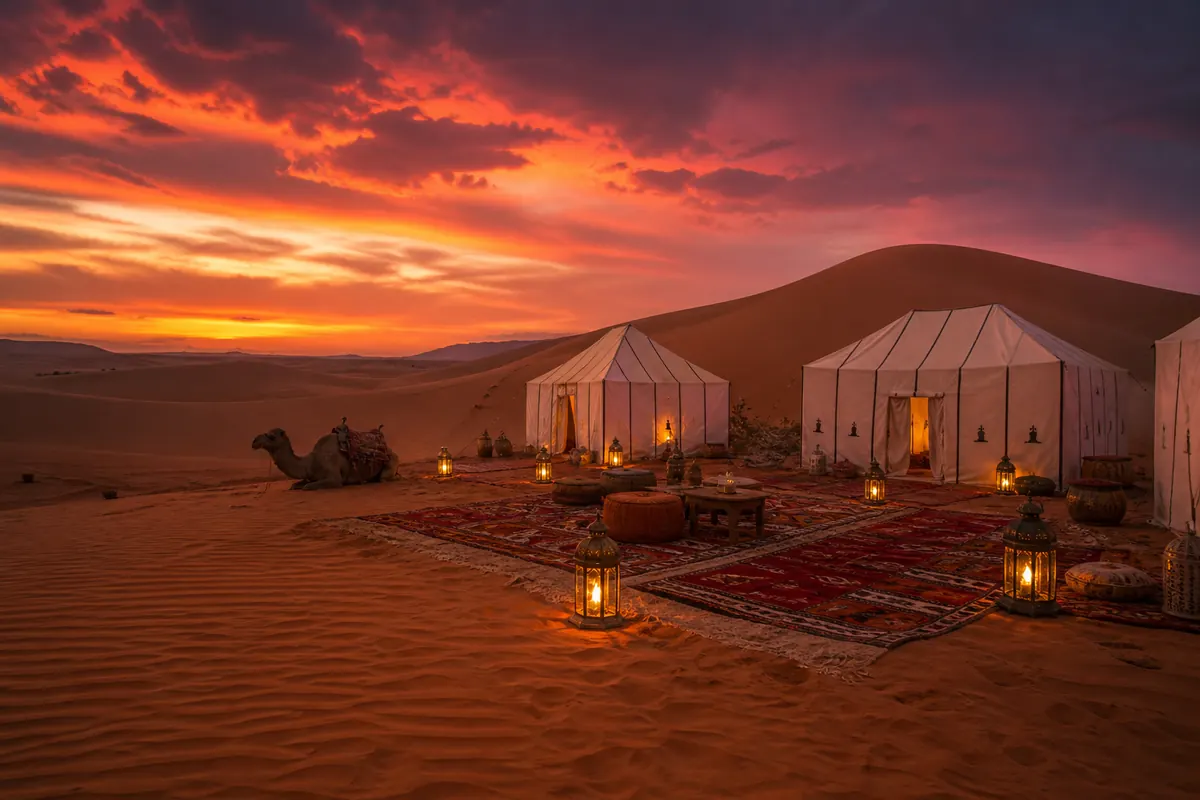 Luxury desert camp tents in the Erg Chebbi dunes of Merzouga at sunset with lanterns glowing