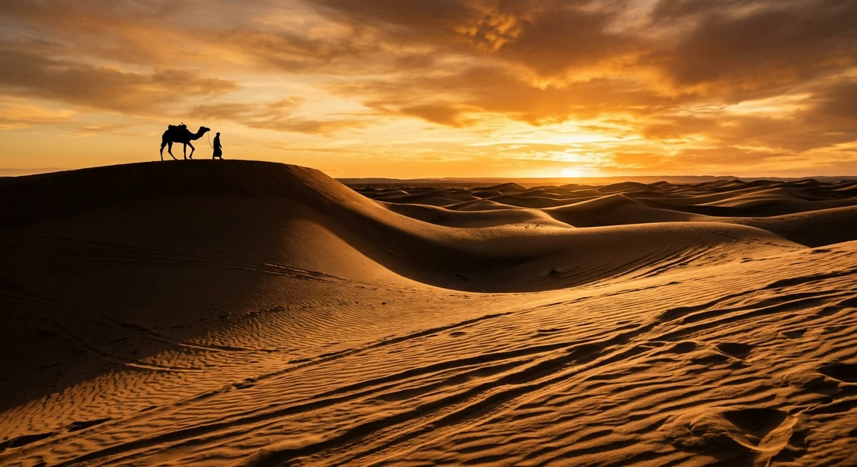 Golden hour camel silhouette against Erg Chebbi dunes near Merzouga, Morocco