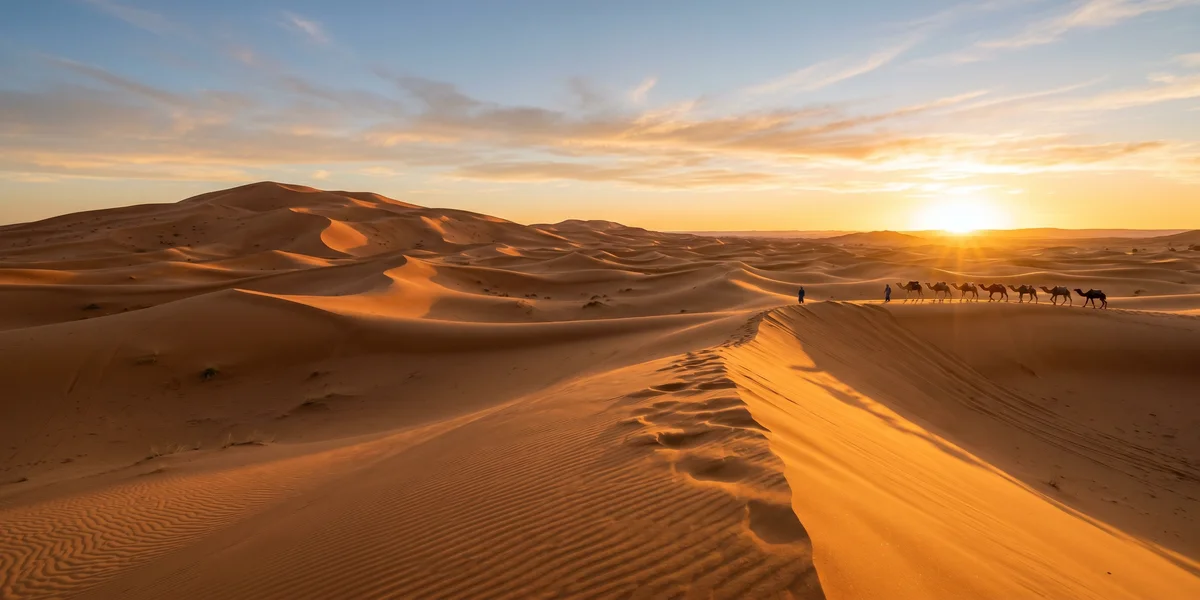 Golden sand dunes of Erg Chebbi at sunrise near Merzouga, Morocco