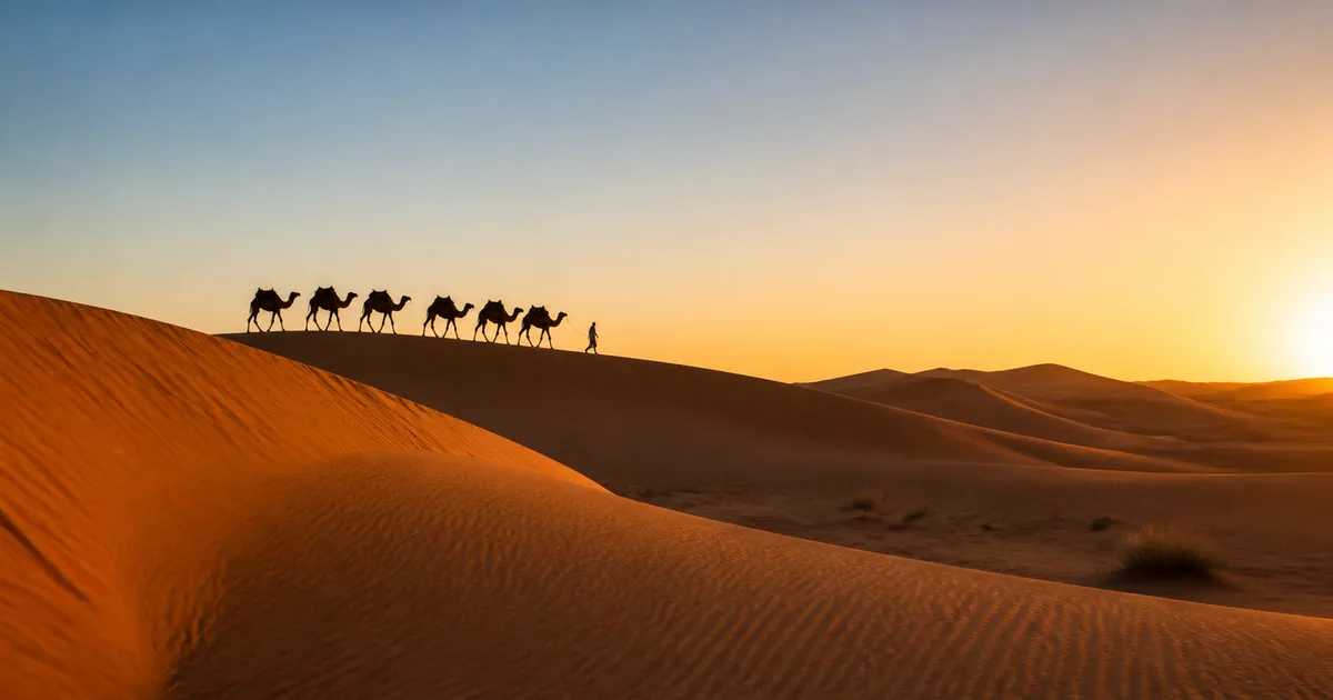 Grandes dunes dorées de l'Erg Chebbi à Merzouga au coucher du soleil, avec une caravane de dromadaires en silhouette