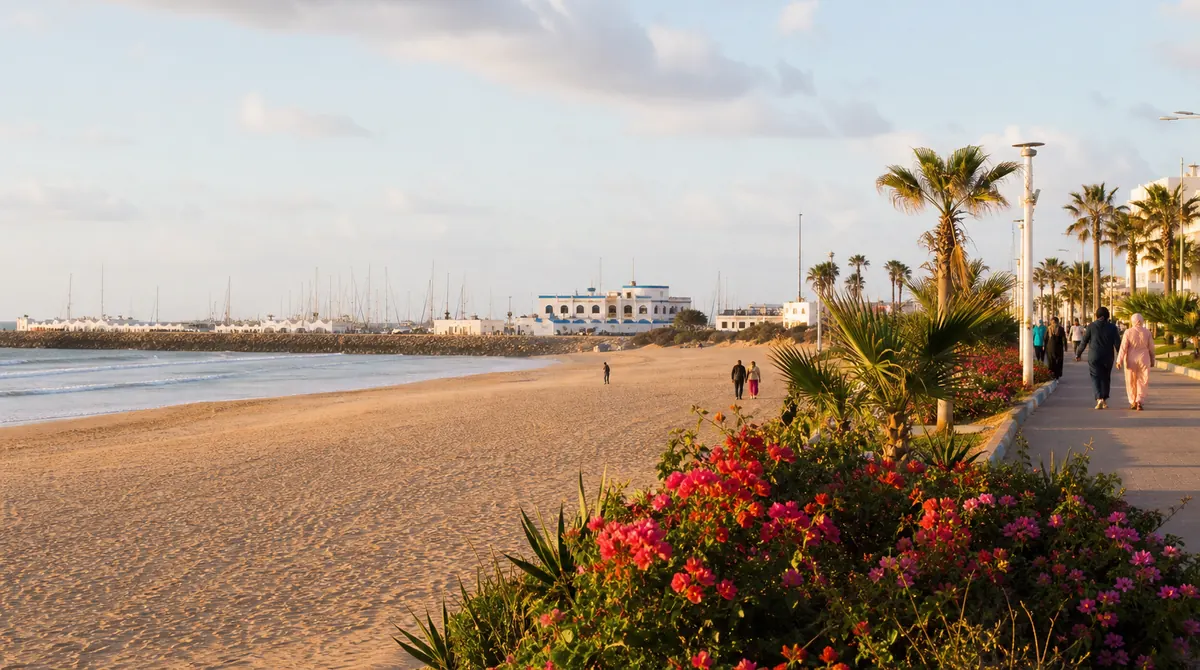 Mohammedia Morocco Atlantic beach promenade with flower gardens and marina in the background