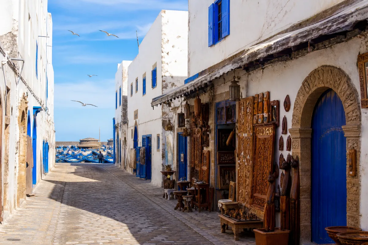 Blue fishing boats at Essaouira harbour, wind city, Morocco Atlantic coast
