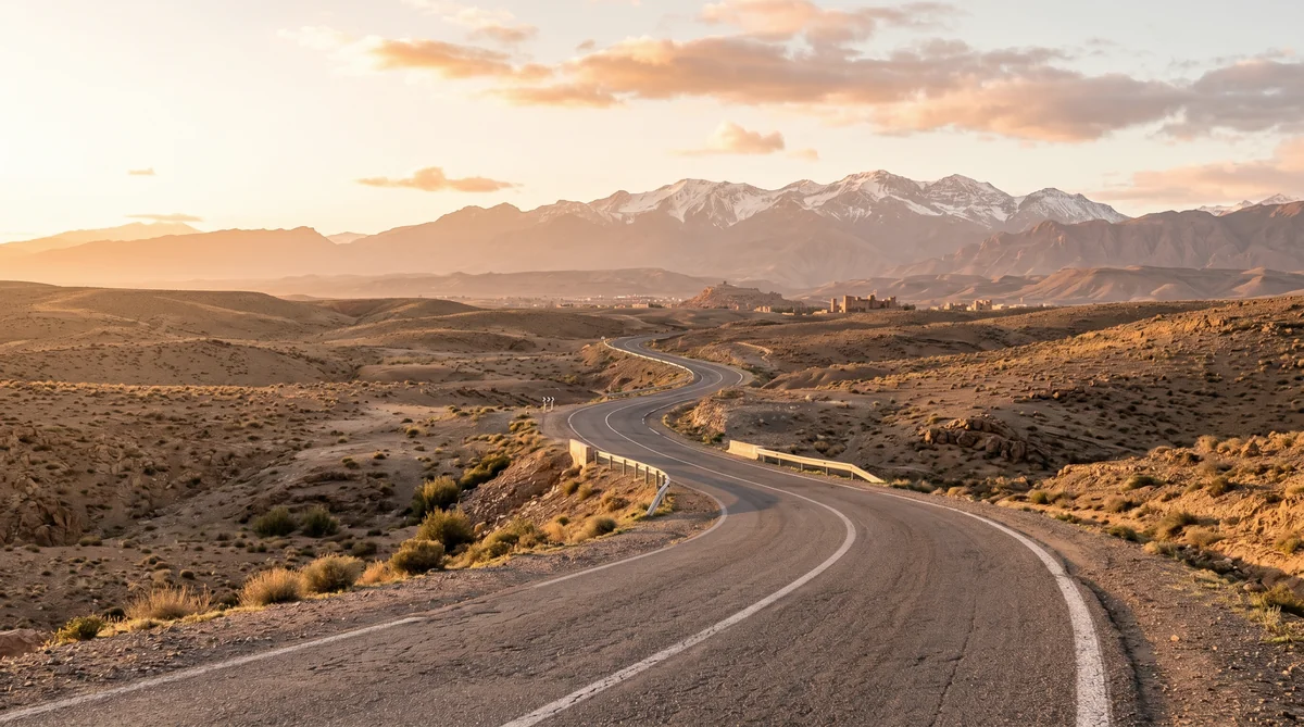 Winding desert road approaching Ouarzazate with Atlas Mountains in the distance, Morocco road trip logistics