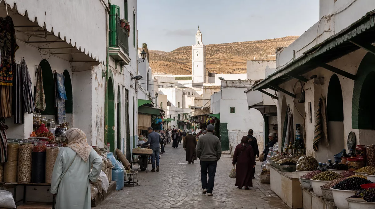 Bustling traditional souk in the Oujda medina with spices, textiles and crafts in warm light through wooden roof slats