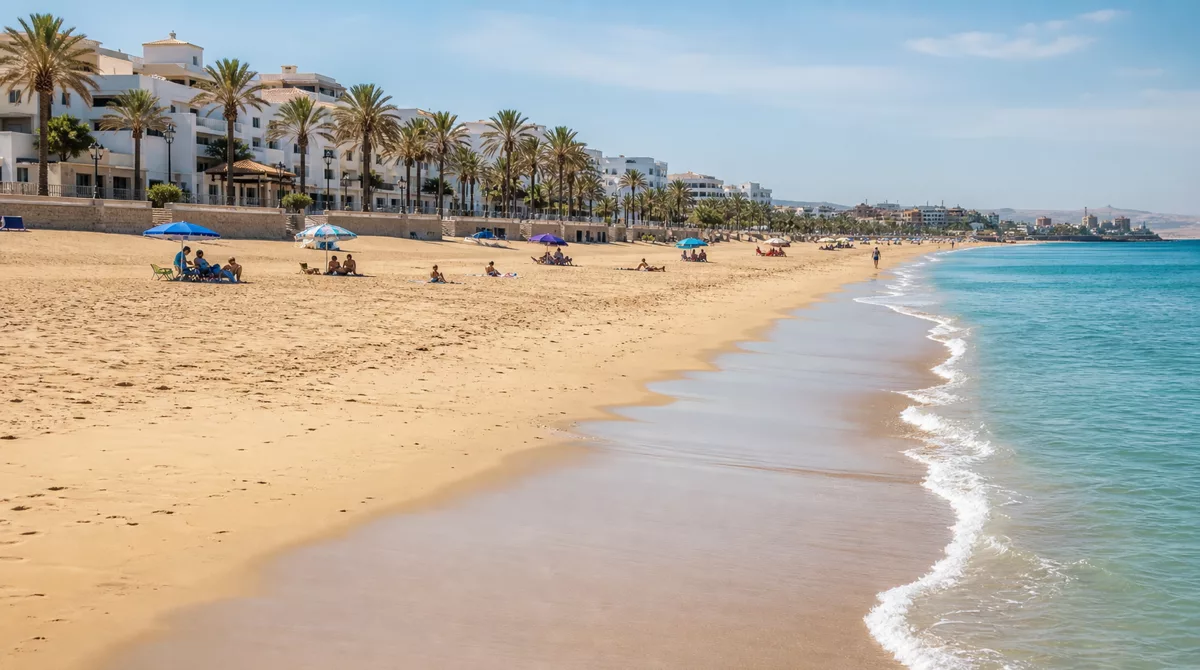 Long sandy beach at Saïdia with blue Mediterranean, a modern promenade and palm trees on a bright summer day