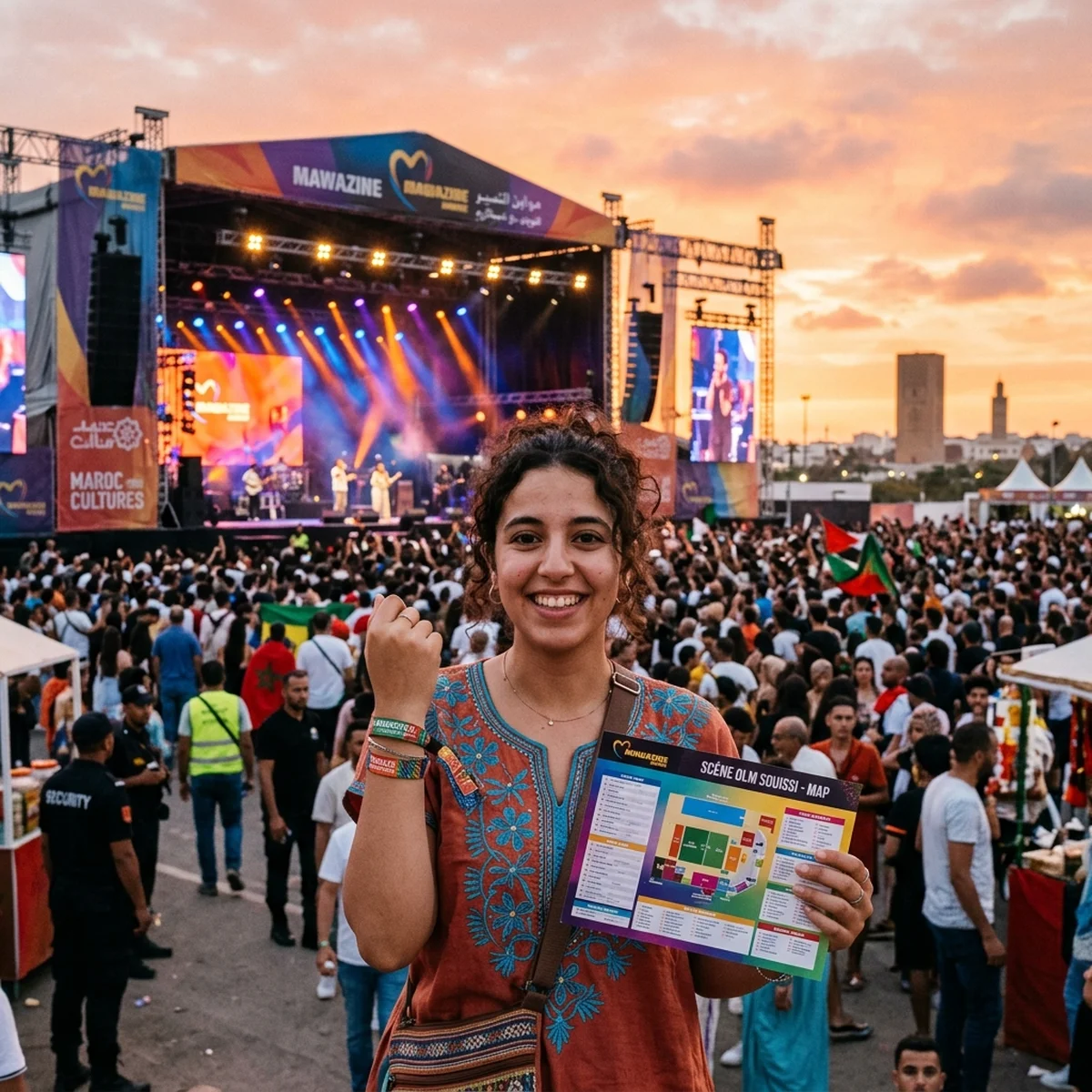 First-time festival-goer watching a Mawazine concert at OLM Souissi stage with Rabat night skyline in background, crowd cheering