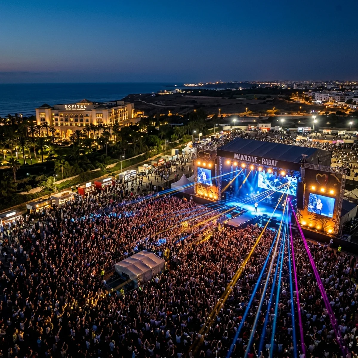 Aerial night view of Mawazine festival OLM Souissi stage with massive crowd, stage lights, and Rabat skyline