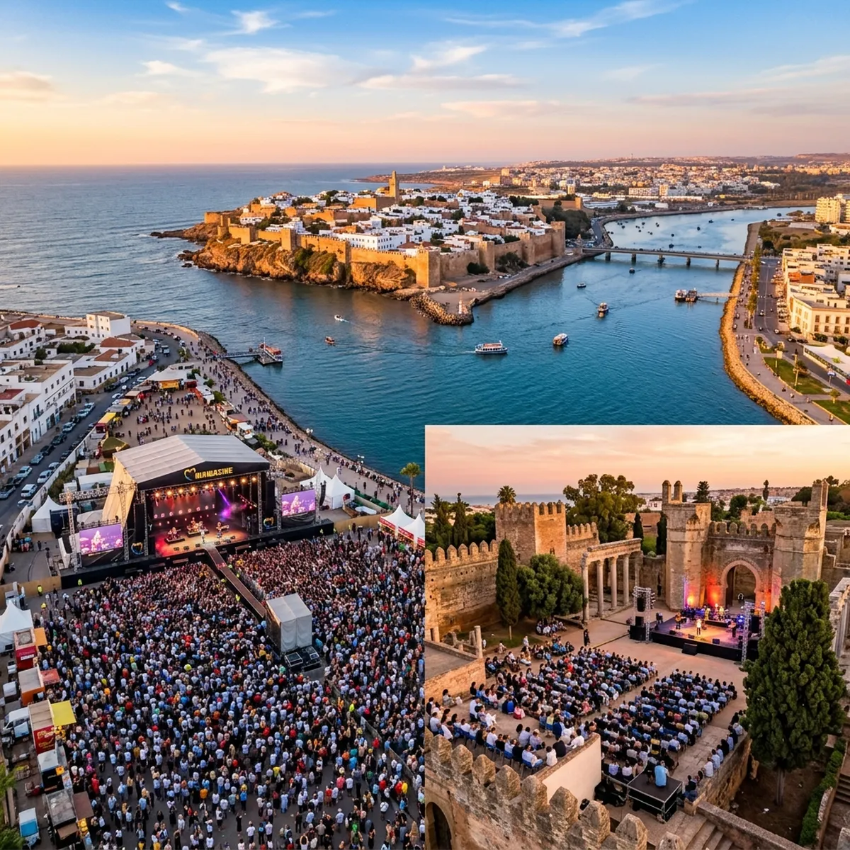 Split composition showing six Mawazine festival stages: OLM crowd, Nahda lights, Bouregreg riverside with Oudayas backdrop, Salé beachfront, Chellah ruins and Théâtre National facade