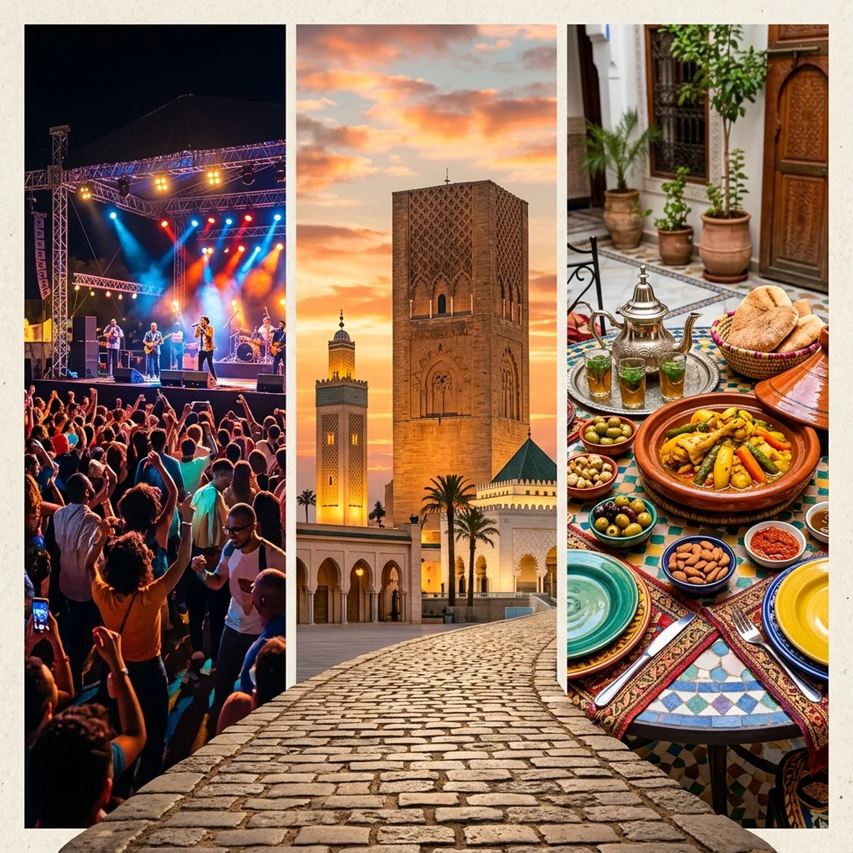 Collage of a Mawazine concert crowd at night, Hassan Tower at golden hour, and a Moroccan tagine, representing the perfect Rabat weekend blend