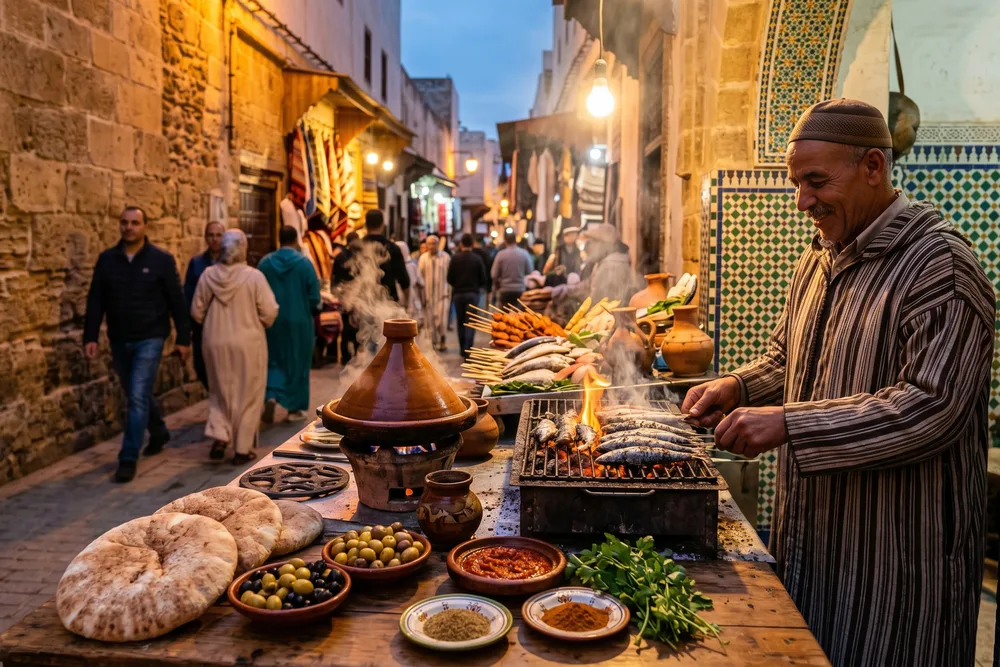 زقاق ضيق ومزدهر في المدينة العتيقة بالرباط مع ألوان زرقاء وبيضاء تقليدية