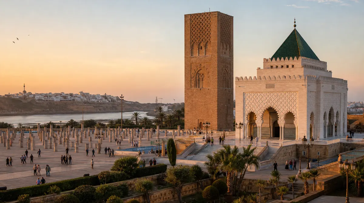 La Tour Hassan et le mausolée Mohammed V à Rabat au coucher du soleil, avec les colonnes de la mosquée inachevée et l'estuaire du Bouregreg en arrière-plan