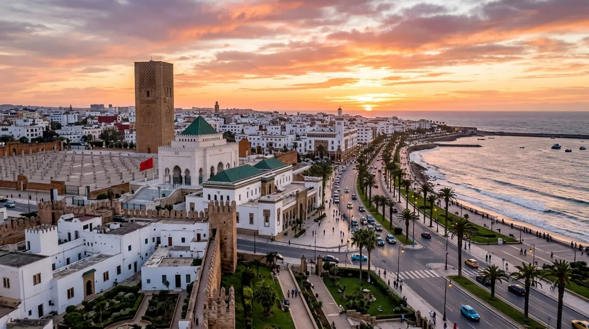 Family exploring the Hassan Tower and Mausoleum of Mohammed V in Rabat, Morocco