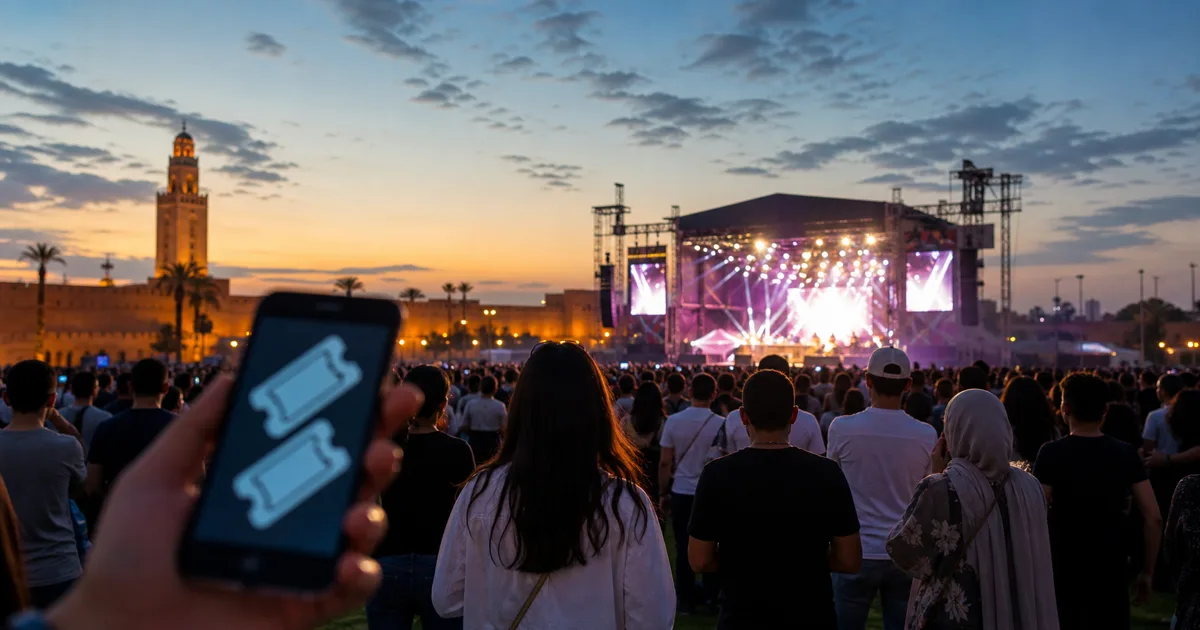 Foule immense devant la scène OLM Souissi pendant le festival Mawazine à Rabat, lumières de concert au crépuscule