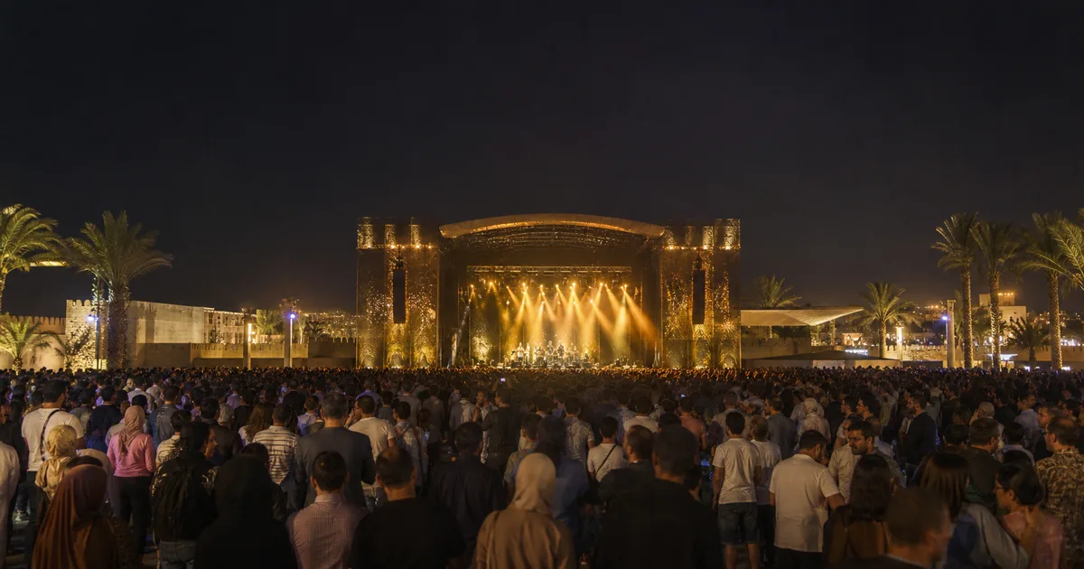 Grande foule de festivaliers devant la scène illuminée d’un concert nocturne du festival Mawazine à Rabat