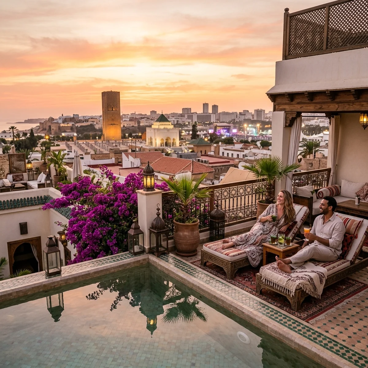 Aerial view of Rabat city centre at golden hour showing the Bouregreg river, Kasbah des Oudayas and Hassan Tower with evening concert crowds gathering