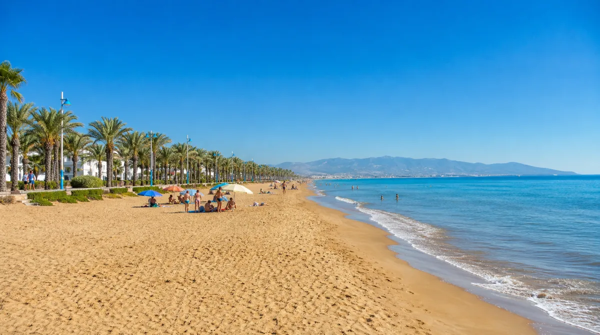 Wide golden beach at Saïdia Morocco with families, gentle waves, palm-lined promenade behind in bright summer light