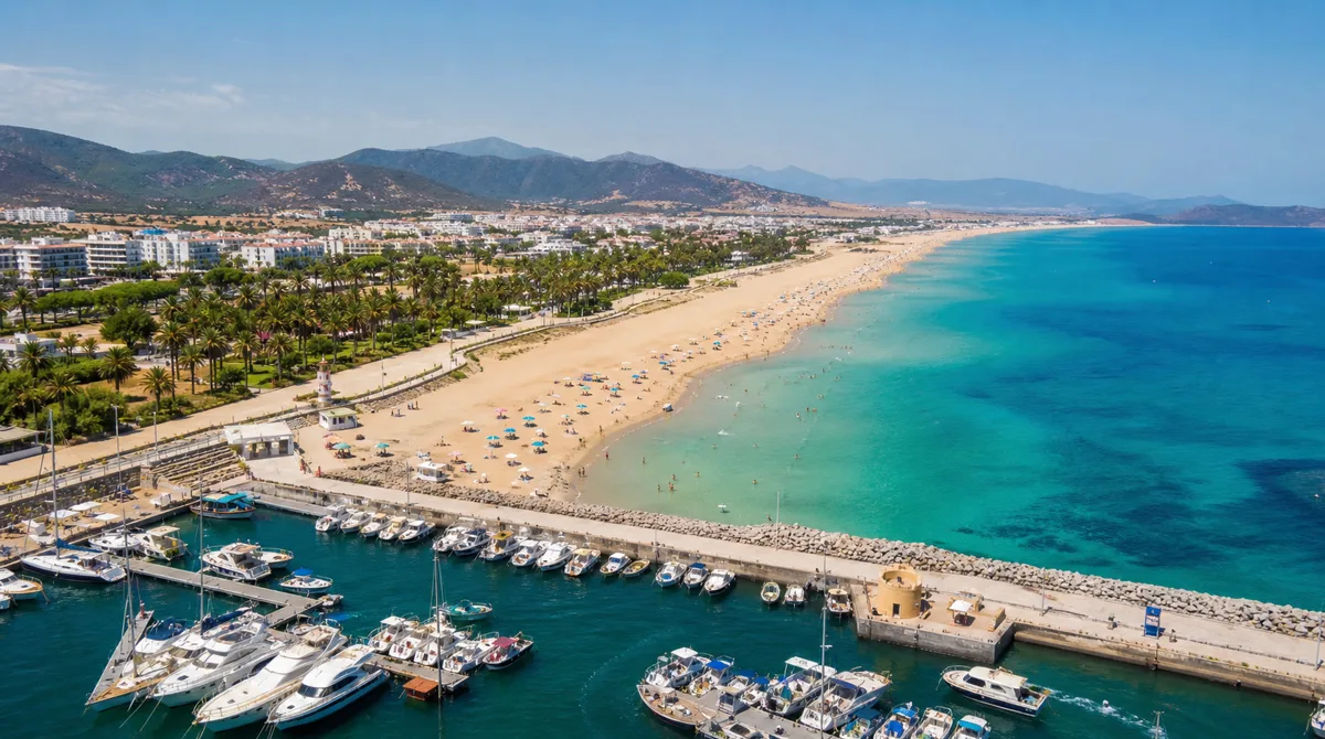 Aerial view of Saïdia Morocco long golden beach with turquoise Mediterranean sea, marina with boats and green promenade