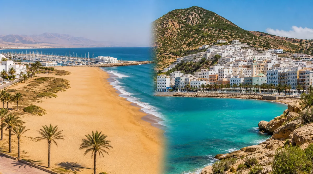 Split scene comparison of a modern resort beach with umbrellas on the left and a wild turquoise cove with cliffs on the right