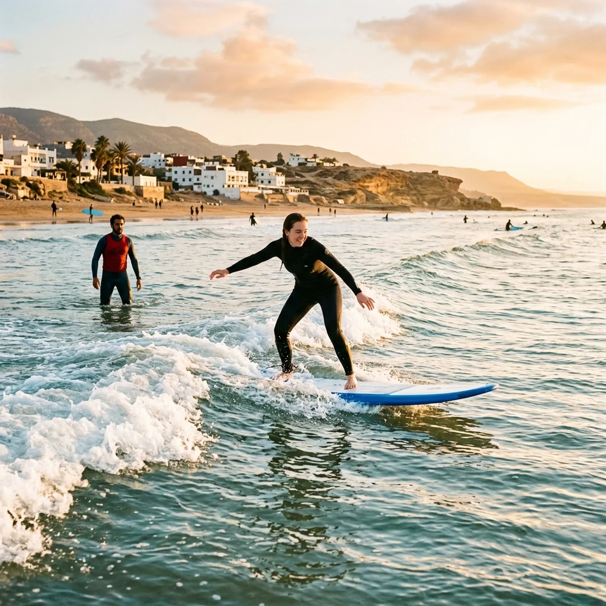 Beginner surfer catching white water at Taghazout Bay with surf instructor watching, golden hour, Morocco