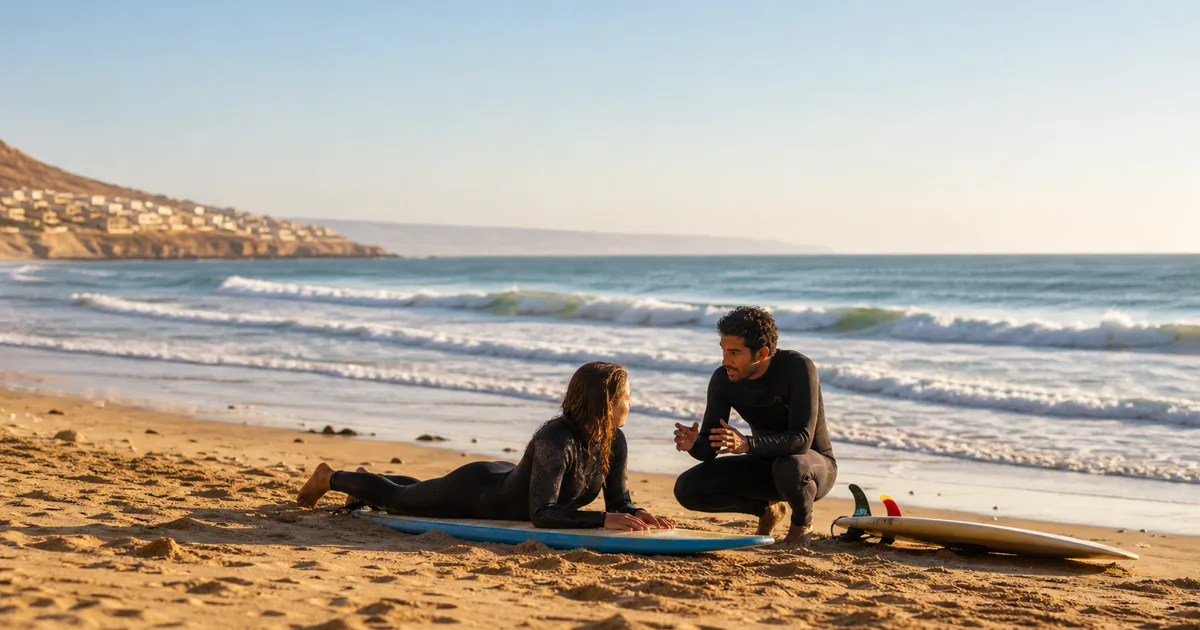 Moniteur de surf de l’école Momo Surf School donnant un cours à un débutant sur la plage de Taghazout Bay, Maroc, avec des planches de surf et l’océan Atlantique en arrière-plan
