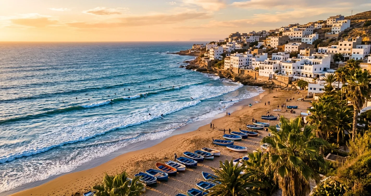 Aerial view of Taghazout beach at golden hour with surfers, fishing boats, and whitewashed buildings, Morocco