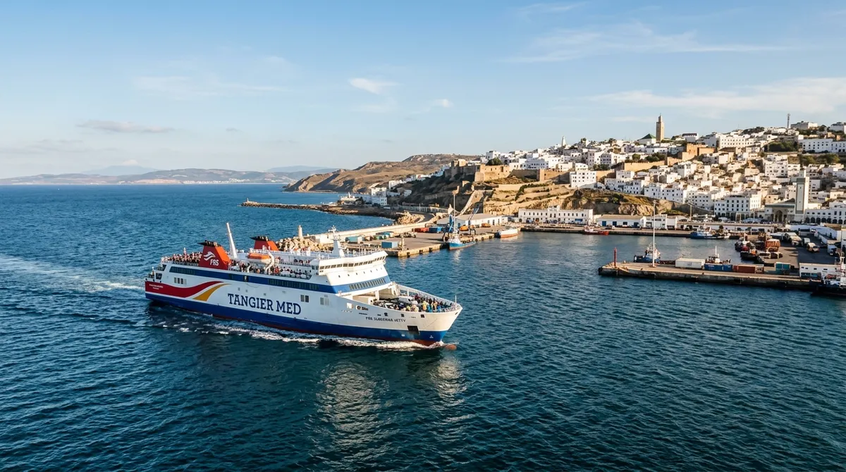 Ferry boat approaching Tangier port across the Strait of Gibraltar with Moroccan coast in the background