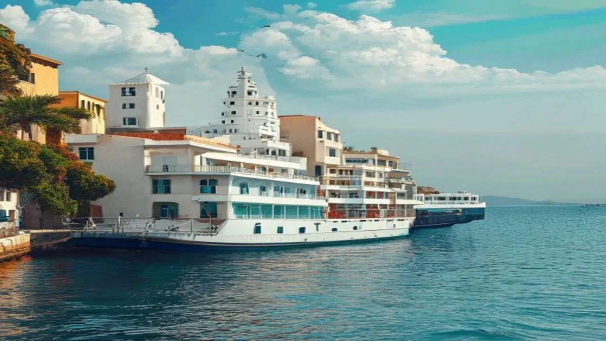 Ferry approchant du port de Tanger avec vue sur la médina bleue et le détroit de Gibraltar
