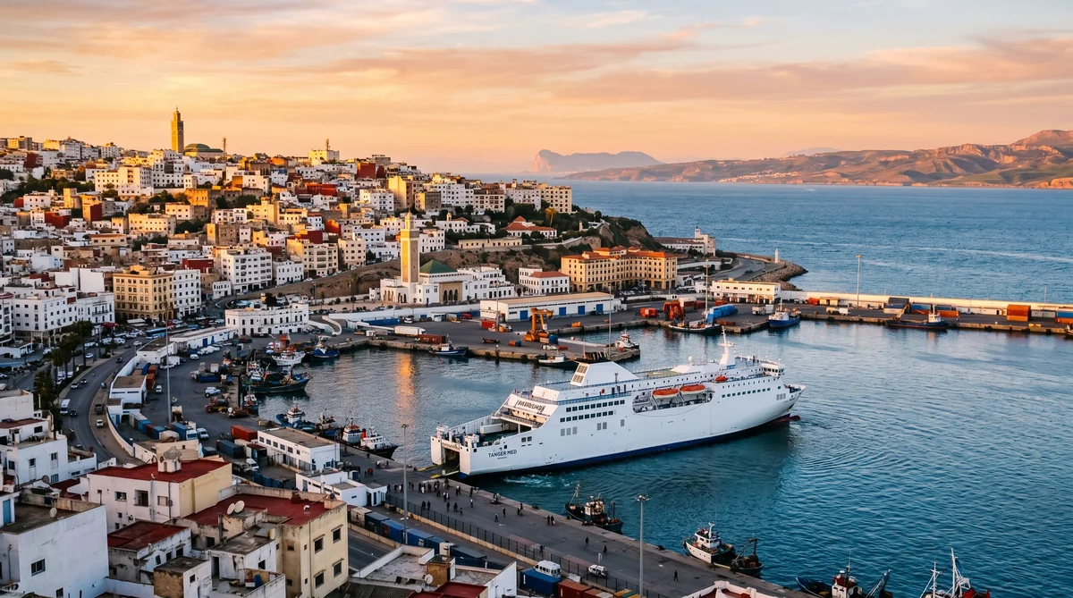 Vista del puerto de Tánger al atardecer con el Estrecho de Gibraltar al fondo