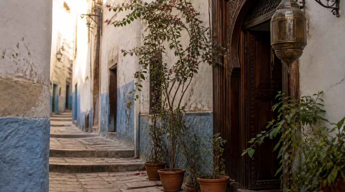 Narrow blue-and-white painted alley in Tangier medina with lanterns and traditional doors