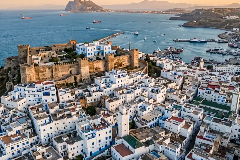 Tangier Kasbah view over Strait of Gibraltar with Mediterranean Sea and Moroccan coastline